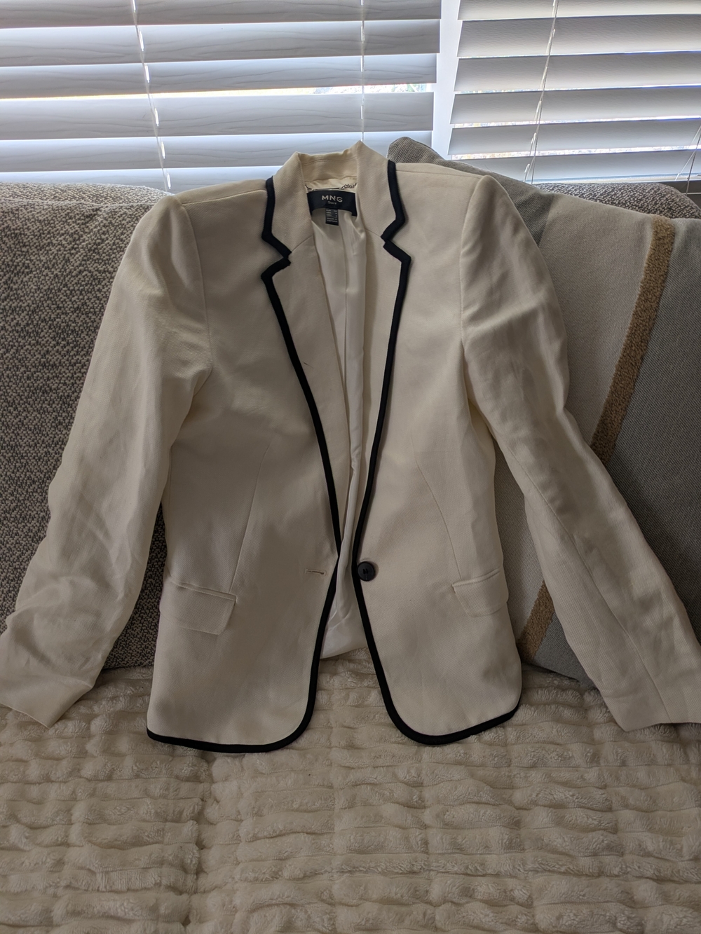 Mango Cream Blazer with Black Piping - Tailored Single-Button Jacket